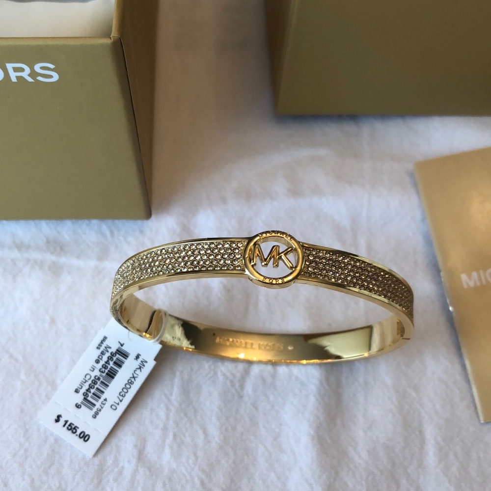 Michael Kors Polished Gold Plated Brass & Pave Crystals Logo Bangle NWT & Box